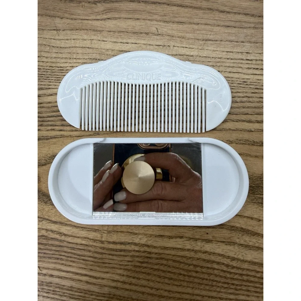 Vtg CLINIQUE Set of 3 Travel Hair Comb Mirror & Brush White W/ Holder